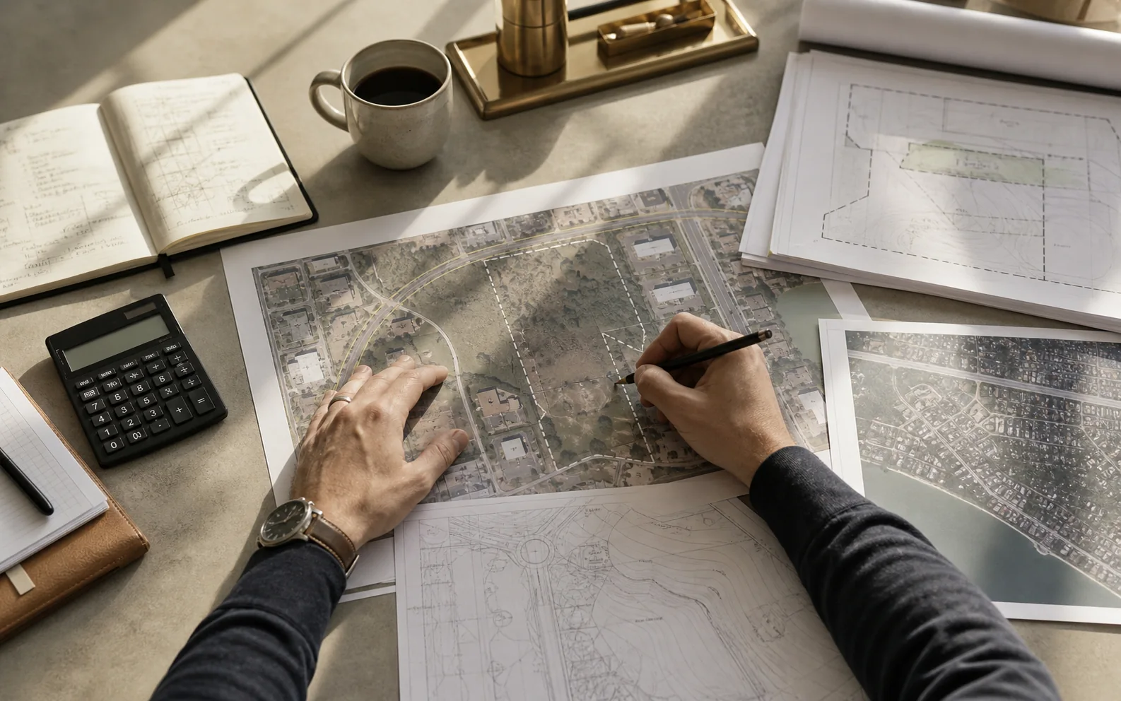 Hands reviewing a parcel map with calculator and plans
