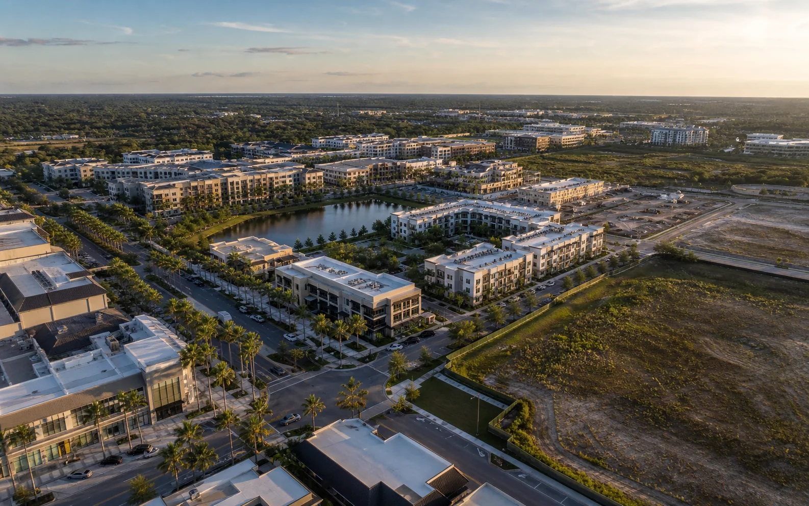 Aerial of a Central Florida mixed-use corridor — multifamily, retail, stormwater, and developable land