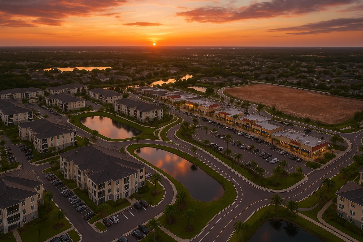 Aerial of a Central Florida mixed-use development at dusk — multifamily, retail, stormwater ponds, and developable land