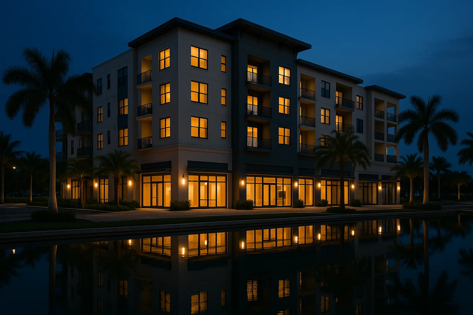A completed Florida mixed-use building at blue hour with lit windows, retail frontage, palms, and a reflecting pool