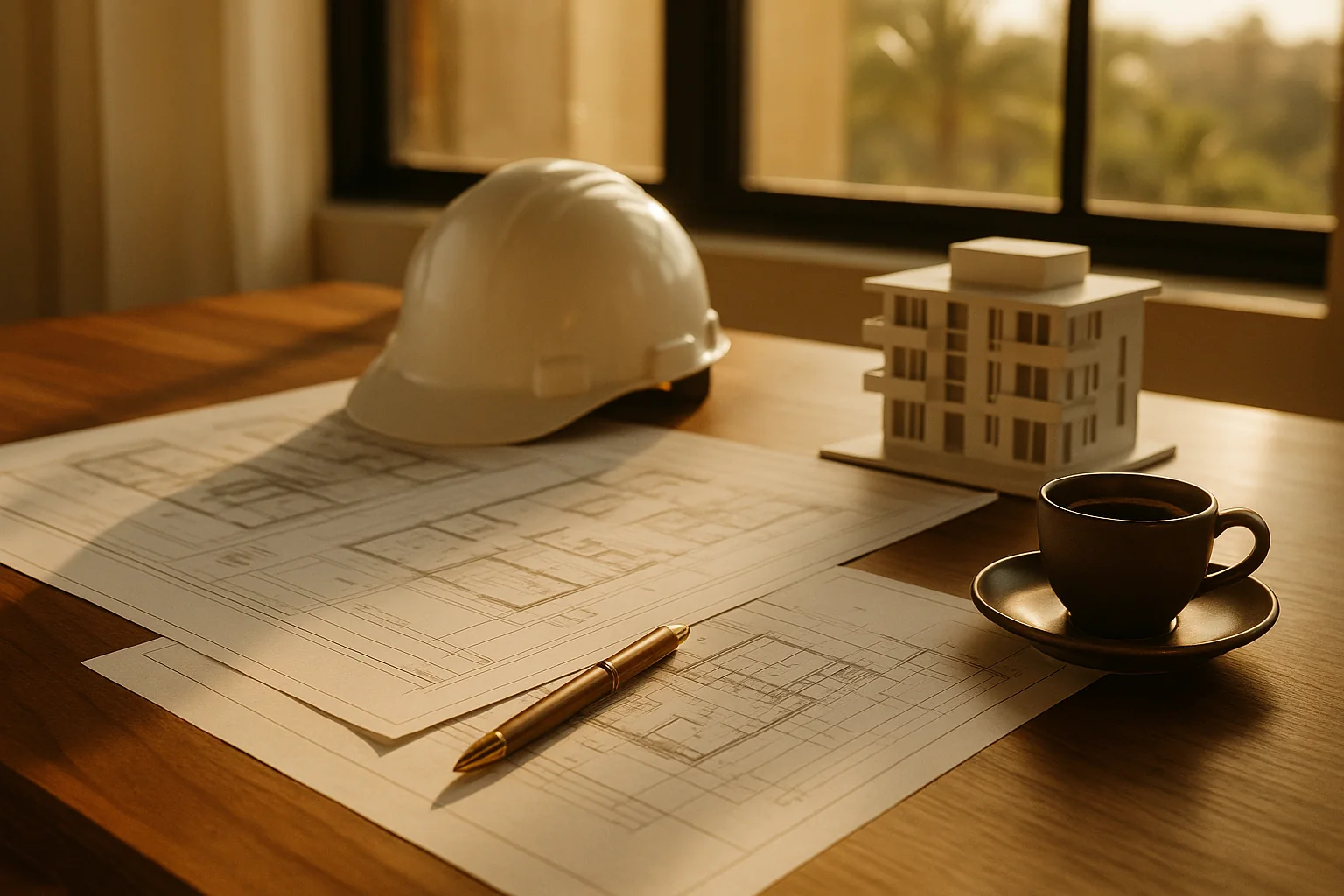 Site plans, a hard hat, a building model, and a pen on a desk in warm Florida light