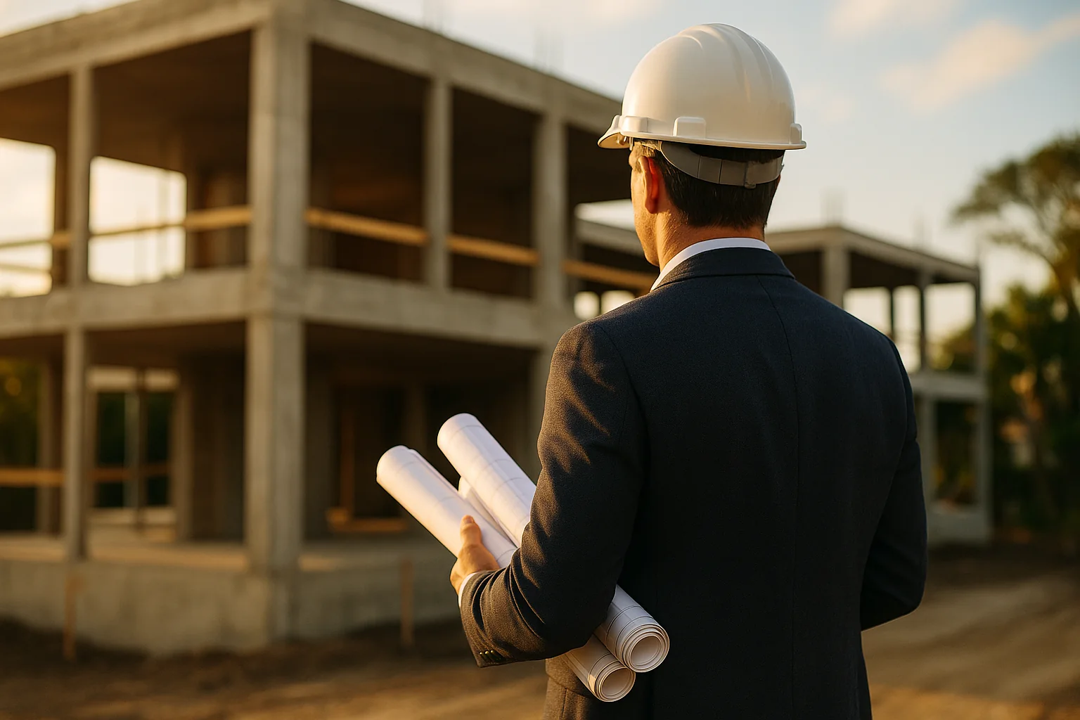 Owner's representative in a navy blazer and hard hat reviewing a Florida structure under construction, holding rolled plans