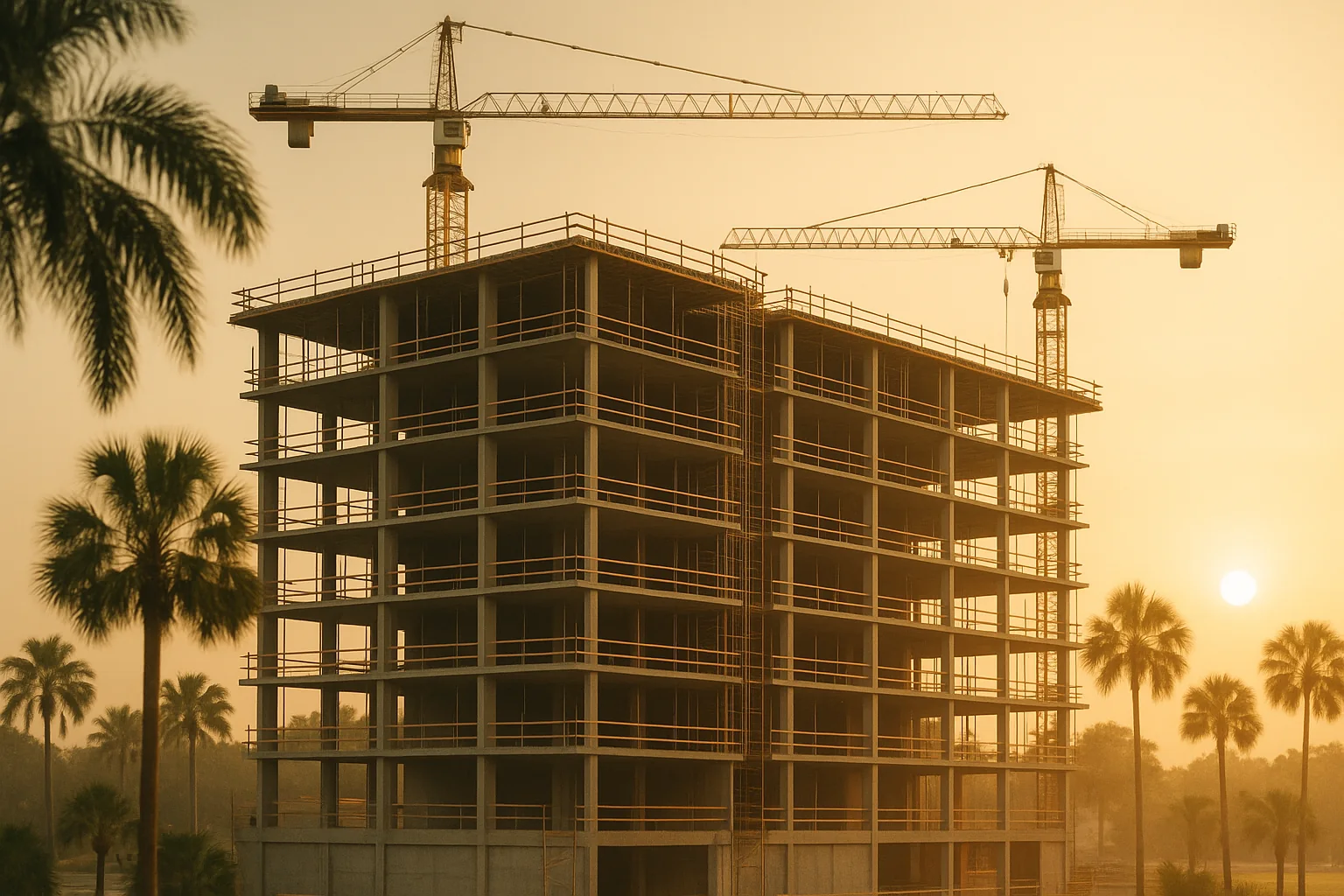A mid-rise concrete structure under construction with tower cranes and palms at golden hour in Central Florida