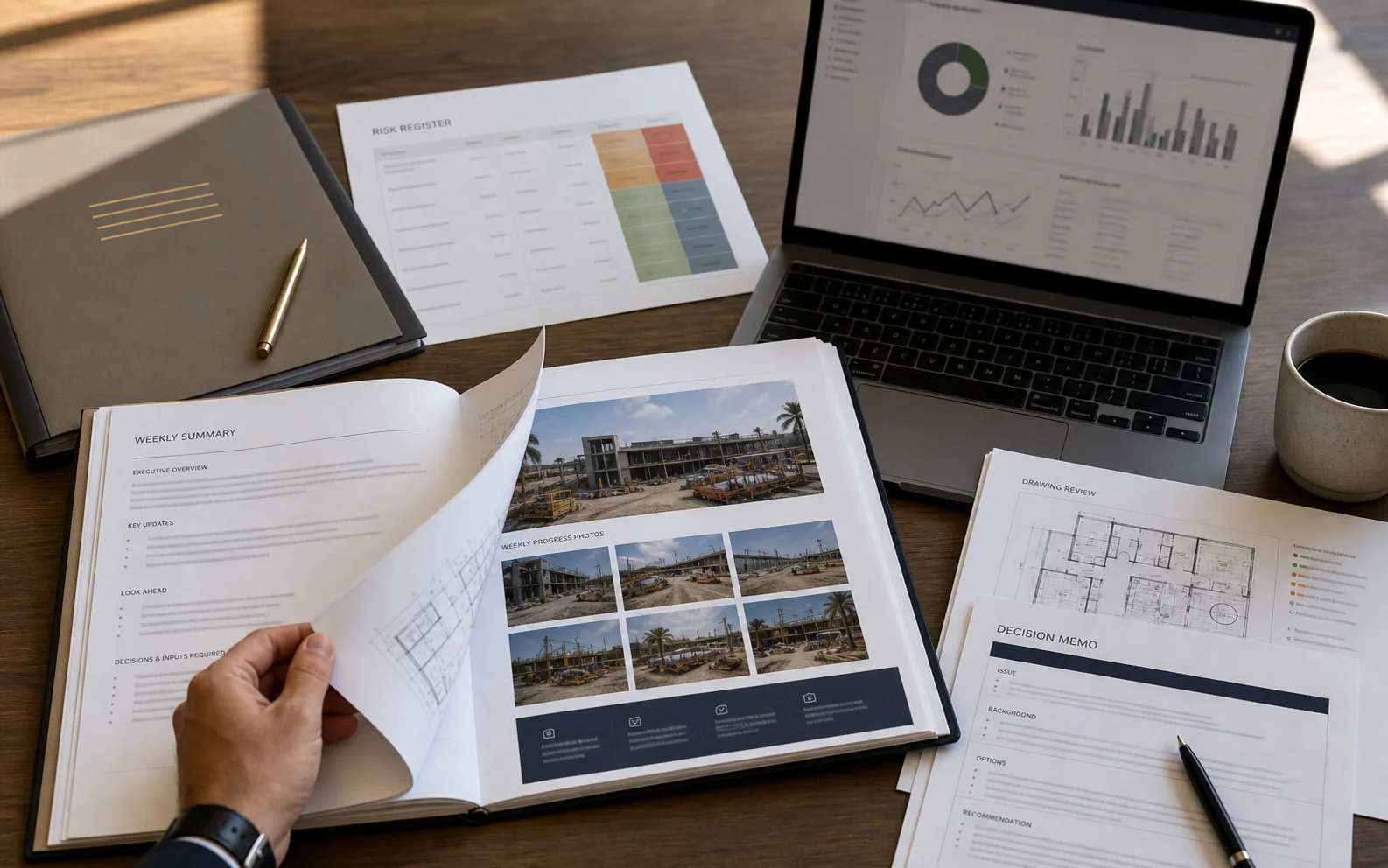Owner reporting package with field report, risk register, and draw review